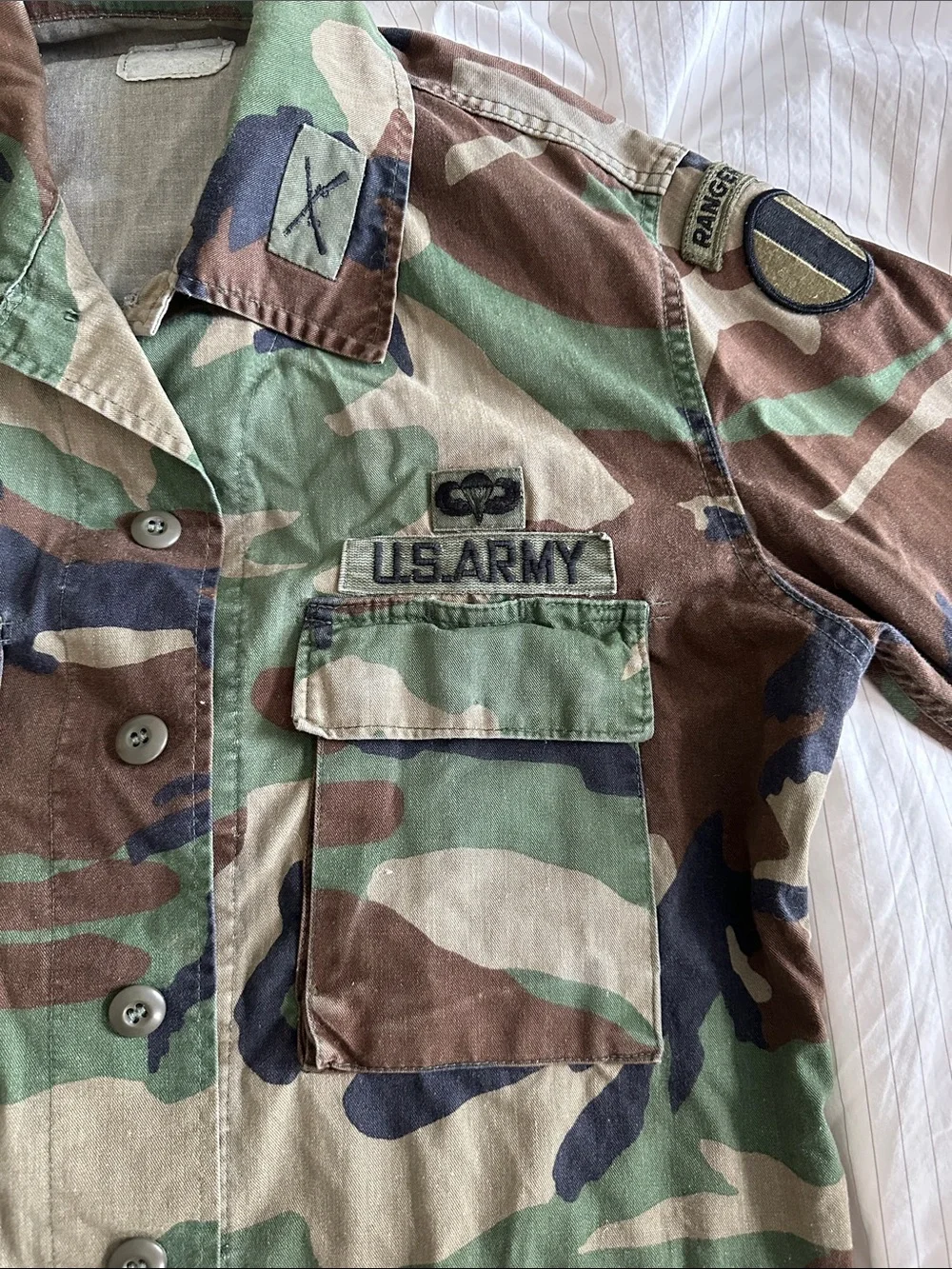 VTG 1981 US Army 1st Pattern Woodland Camo BDU Jacket Smooth Twill Square Flap